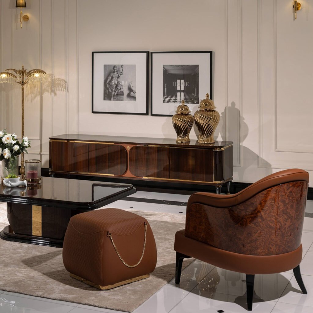Ekskluzywne meble do salonu - szafka rtv fornir wysoki połysk, fotel skórzany