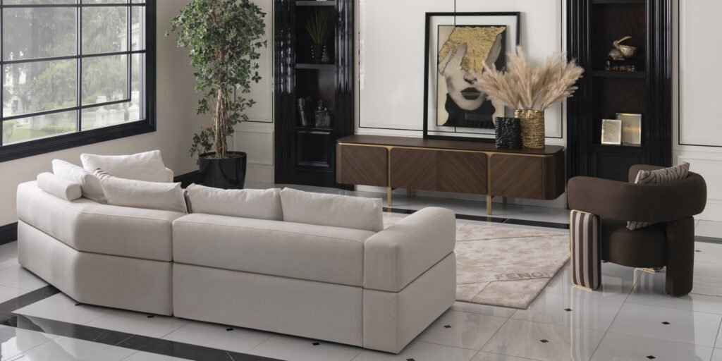 Nowoczesna, drewniana szafka rtv na złotych nogach