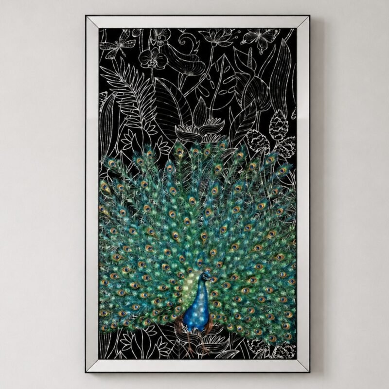 Obraz na szkle paw w lustrzanej ramie 100x160cm