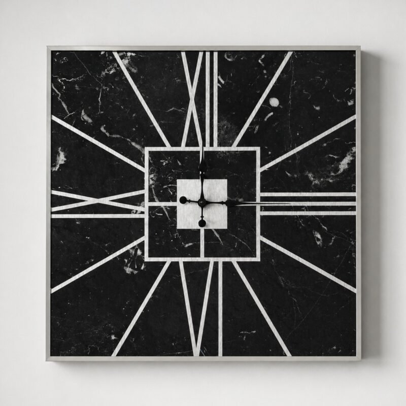 Zegar ścienny szklany marmur czarno - srebrny 85x85cm