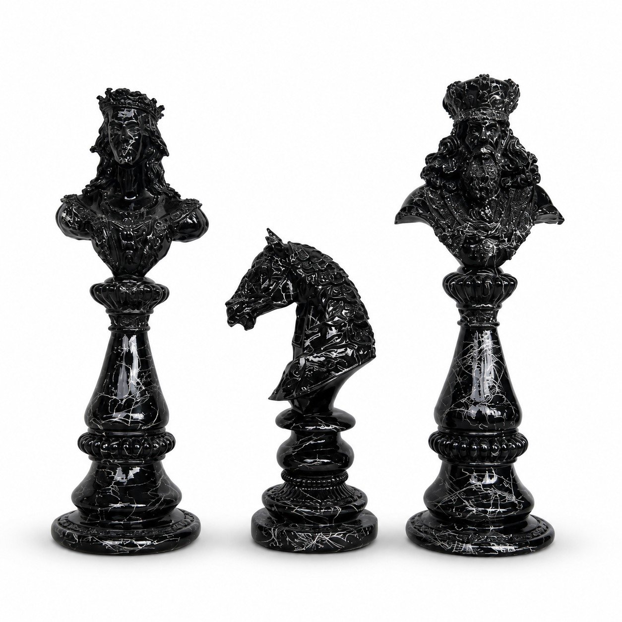 Zestaw trzech czarnych marmurowych figurek szachowych 28cm - obrazek 1